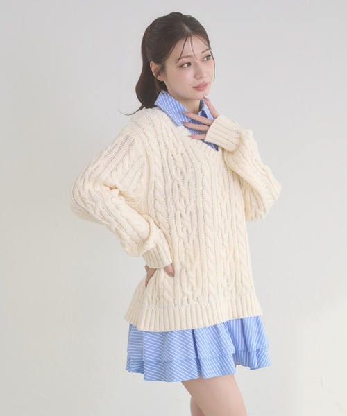 stripe shirts docking cable knit tunic / ストライプシャツ