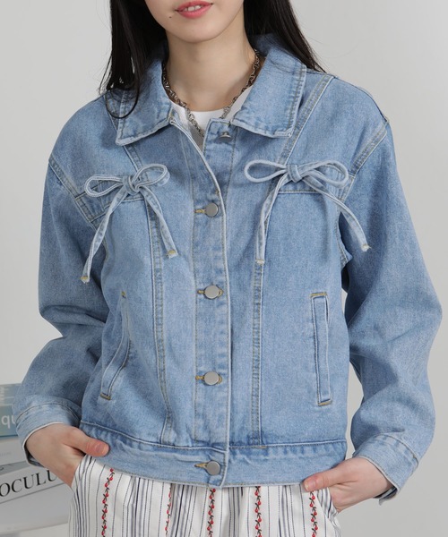 セール】胸ポケット リボン付き デニムGジャン（デニムジャケット