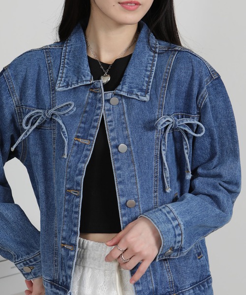 セール】胸ポケット リボン付き デニムGジャン（デニムジャケット