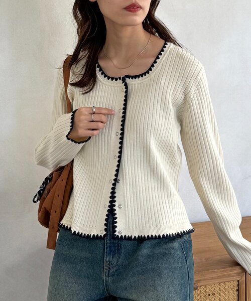 CPCM(シーピーシーエム)の「ステッチリブニットカーディガン(カーディガン/ボレロ・レディース・ネイビー/グレー/グリーン系/アイボリー・FREE)」の1枚目の写真