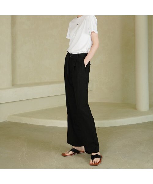 Linen Pintuck Semi-Wide Slacks _ Black