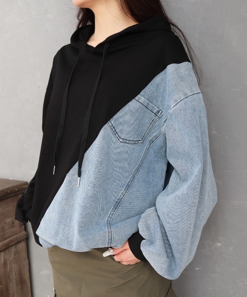 CECIL McBEE（セシルマクビー）の「デニム使い裏毛バックプリントパーカー（スウェット・レディース・グレー/ブラック・MEDIUM）」の12枚目の写真