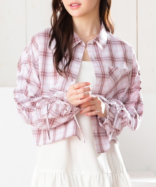 Honeys（ハニーズ）の「袖ドロストチェックシャツ（シャツ/ブラウス・レディース・ホワイト×ブラック/ベージュ系その他/ホワイト系その他・S/M/L）」の2枚目の写真