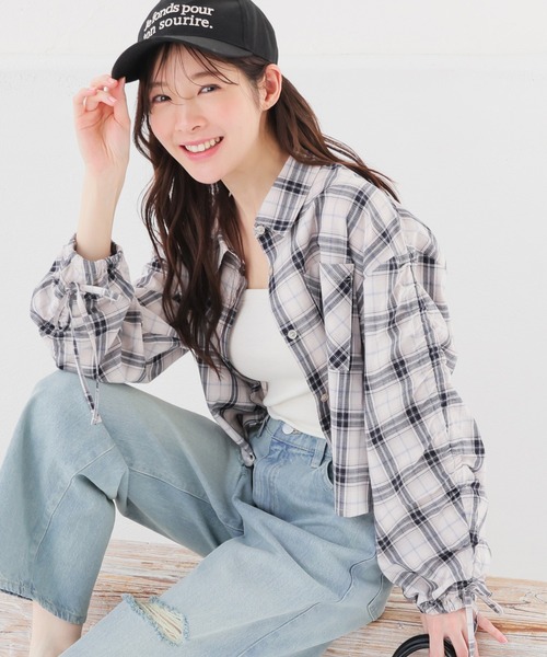 Honeys（ハニーズ）の「袖ドロストチェックシャツ（シャツ/ブラウス・レディース・ホワイト×ブラック/ベージュ系その他/ホワイト系その他・S/M/L）」の3枚目の写真