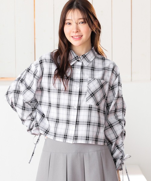 Honeys（ハニーズ）の「袖ドロストチェックシャツ（シャツ/ブラウス・レディース・ホワイト×ブラック/ベージュ系その他/ホワイト系その他・S/M/L）」の7枚目の写真
