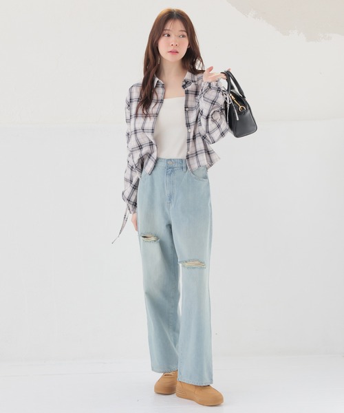 Honeys（ハニーズ）の「袖ドロストチェックシャツ（シャツ/ブラウス・レディース・ホワイト×ブラック/ベージュ系その他/ホワイト系その他・S/M/L）」の8枚目の写真