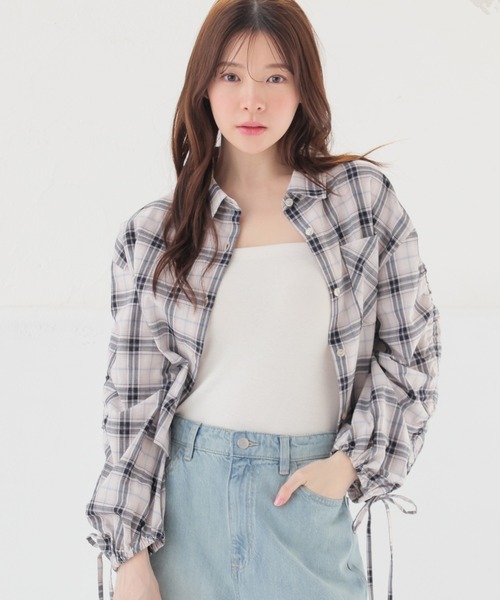 Honeys（ハニーズ）の「袖ドロストチェックシャツ（シャツ/ブラウス・レディース・ホワイト×ブラック/ベージュ系その他/ホワイト系その他・S/M/L）」の9枚目の写真