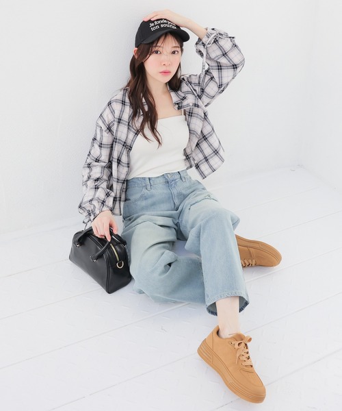 Honeys（ハニーズ）の「袖ドロストチェックシャツ（シャツ/ブラウス・レディース・ホワイト×ブラック/ベージュ系その他/ホワイト系その他・S/M/L）」の10枚目の写真