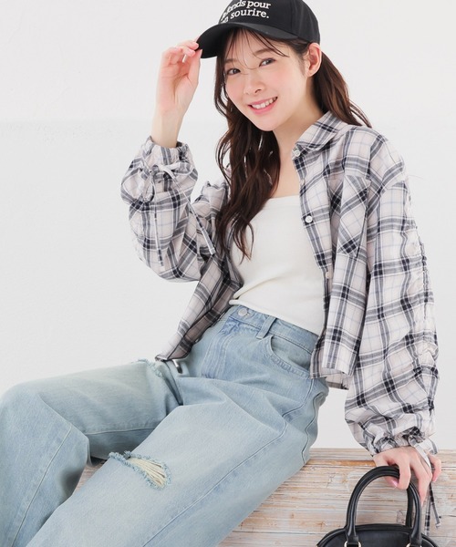 Honeys（ハニーズ）の「袖ドロストチェックシャツ（シャツ/ブラウス・レディース・ホワイト×ブラック/ベージュ系その他/ホワイト系その他・S/M/L）」の11枚目の写真