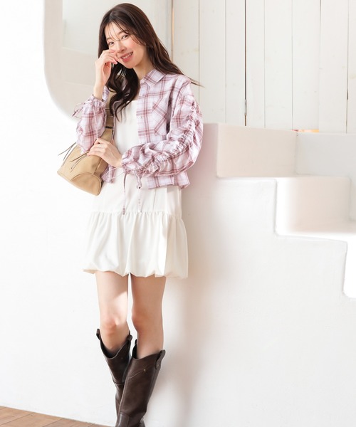Honeys（ハニーズ）の「袖ドロストチェックシャツ（シャツ/ブラウス・レディース・ホワイト×ブラック/ベージュ系その他/ホワイト系その他・S/M/L）」の13枚目の写真