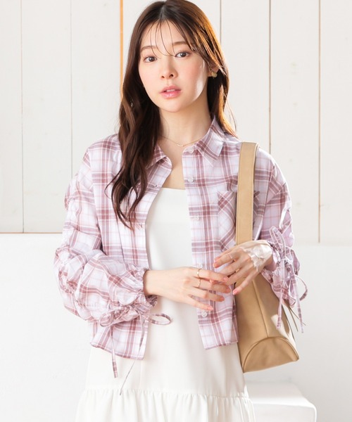 Honeys（ハニーズ）の「袖ドロストチェックシャツ（シャツ/ブラウス・レディース・ホワイト×ブラック/ベージュ系その他/ホワイト系その他・S/M/L）」の14枚目の写真