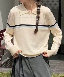 ボーダー配色 ニットポロシャツ