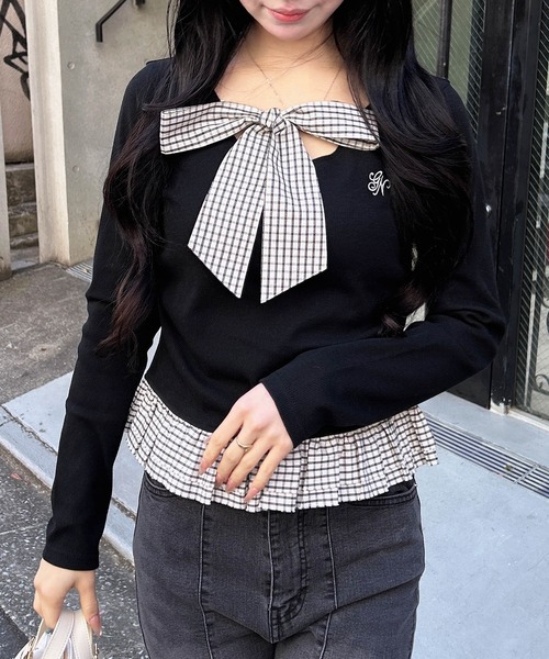 INGNI（イング）の「チェックリボンレイヤードトップス（Tシャツ/カットソー・レディース・ネイビー/ライトベージュ/ブラック/グレー・M）」の5枚目の写真