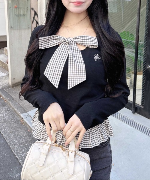 INGNI（イング）の「チェックリボンレイヤードトップス（Tシャツ/カットソー・レディース・ネイビー/ライトベージュ/ブラック/グレー・M）」の7枚目の写真