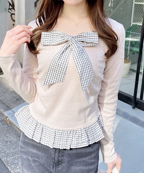 INGNI（イング）の「チェックリボンレイヤードトップス（Tシャツ/カットソー・レディース・ネイビー/ライトベージュ/ブラック/グレー・M）」の12枚目の写真