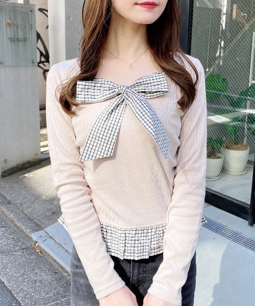 INGNI（イング）の「チェックリボンレイヤードトップス（Tシャツ/カットソー・レディース・ネイビー/ライトベージュ/ブラック/グレー・M）」の13枚目の写真