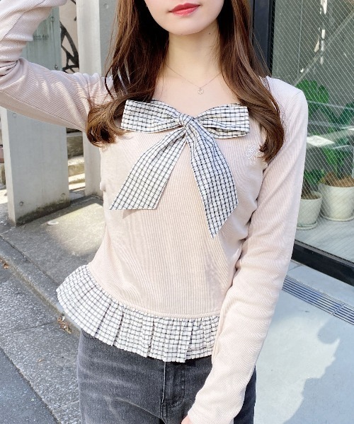 INGNI（イング）の「チェックリボンレイヤードトップス（Tシャツ/カットソー・レディース・ネイビー/ライトベージュ/ブラック/グレー・M）」の14枚目の写真