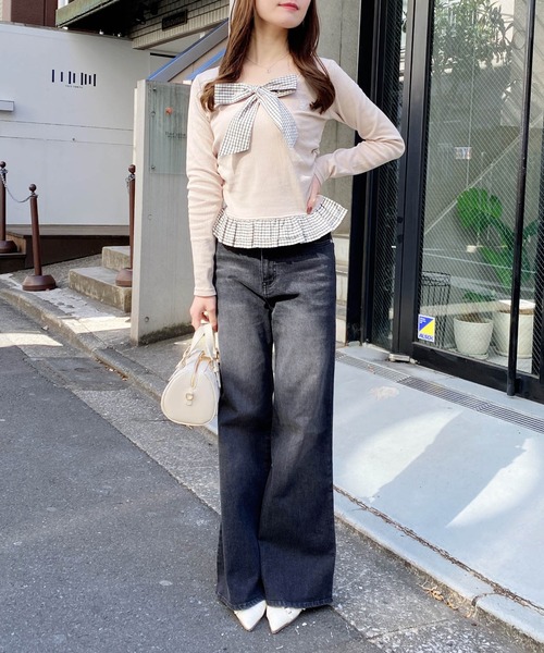 INGNI（イング）の「チェックリボンレイヤードトップス（Tシャツ/カットソー・レディース・ネイビー/ライトベージュ/ブラック/グレー・M）」の18枚目の写真