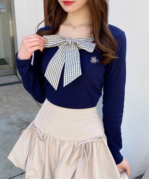 INGNI（イング）の「チェックリボンレイヤードトップス（Tシャツ/カットソー・レディース・ネイビー/ライトベージュ/ブラック/グレー・M）」の20枚目の写真