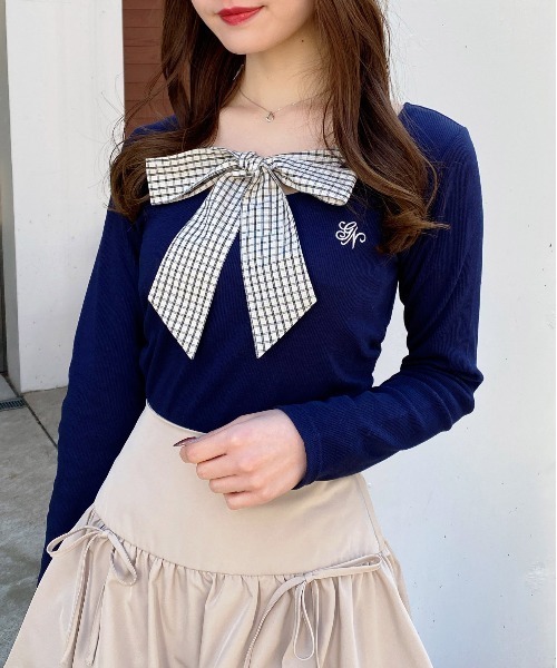 INGNI（イング）の「チェックリボンレイヤードトップス（Tシャツ/カットソー・レディース・ネイビー/ライトベージュ/ブラック/グレー・M）」の21枚目の写真