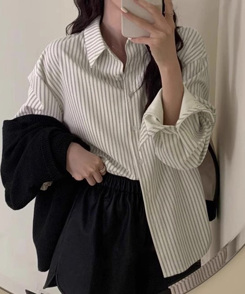 DAY CLOSET（デイ クローゼット）の「【前後アシンメトリー】長袖 ストライプ柄 コーデュロイシャツ レディース（シャツ/ブラウス・レディース・オフホワイト/ブラウン/ベージュ・M/L）」の4枚目の写真