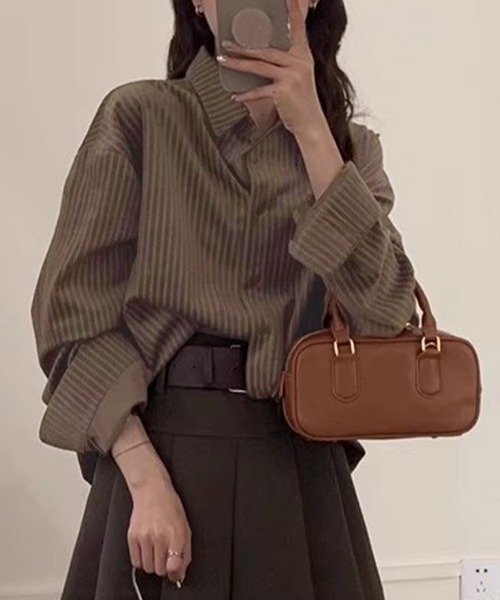 DAY CLOSET（デイ クローゼット）の「【前後アシンメトリー】長袖 ストライプ柄 コーデュロイシャツ レディース（シャツ/ブラウス・レディース・オフホワイト/ブラウン/ベージュ・M/L）」の6枚目の写真
