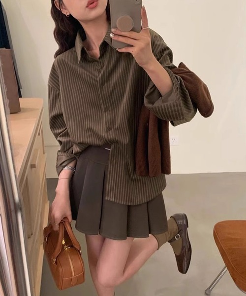 DAY CLOSET（デイ クローゼット）の「【前後アシンメトリー】長袖 ストライプ柄 コーデュロイシャツ レディース（シャツ/ブラウス・レディース・オフホワイト/ブラウン/ベージュ・M/L）」の7枚目の写真