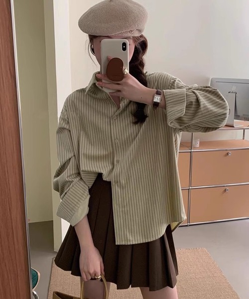DAY CLOSET（デイ クローゼット）の「【前後アシンメトリー】長袖 ストライプ柄 コーデュロイシャツ レディース（シャツ/ブラウス・レディース・オフホワイト/ブラウン/ベージュ・M/L）」の9枚目の写真