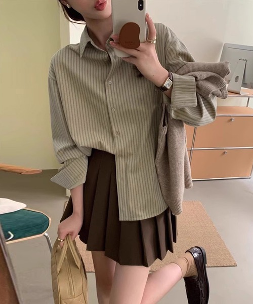 DAY CLOSET（デイ クローゼット）の「【前後アシンメトリー】長袖 ストライプ柄 コーデュロイシャツ レディース（シャツ/ブラウス・レディース・オフホワイト/ブラウン/ベージュ・M/L）」の10枚目の写真
