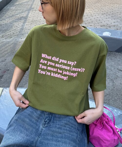 CIAOPANIC TYPY(チャオパニックティピー)の「【UNISEX】【プラスサイズあり】ポコポコメッセージロゴTEE(Tシャツ/カットソー・メンズ・グリーン/ホワイト/ピンク/サックスブルー/グレイッシュベージュ/ブラック/ネイビー/グレー・MEDIUM/LARGE/XX-LARGE)」の5枚目の写真