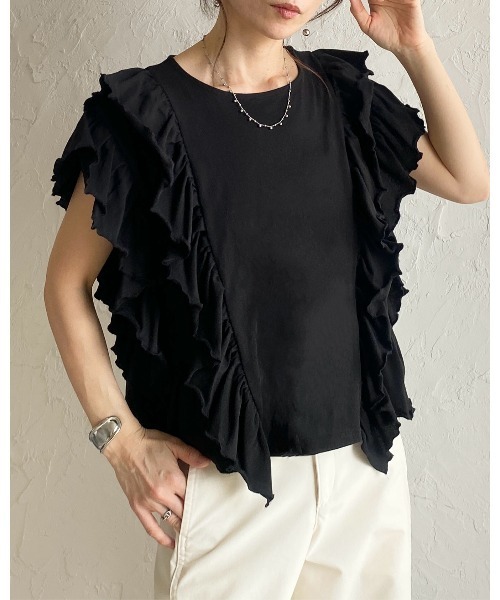 She's Closet(シーズクローゼット)の「綿100% ボリュームフリル ラッフルスリーブ 半袖Tシャツ(Tシャツ/カットソー・レディース・ホワイト/ブラック・FREE)」の9枚目の写真