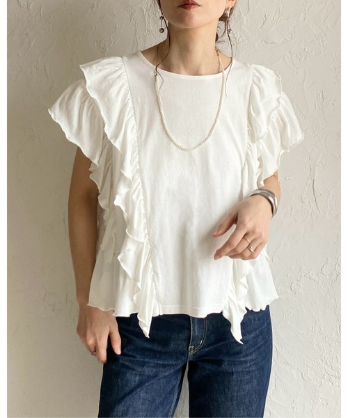 She's Closet(シーズクローゼット)の「綿100% ボリュームフリル ラッフルスリーブ 半袖Tシャツ(Tシャツ/カットソー・レディース・ホワイト/ブラック・FREE)」の8枚目の写真