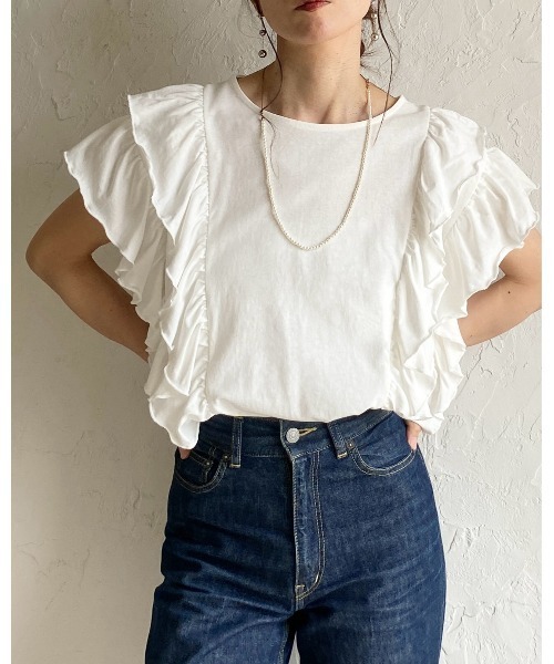 She's Closet(シーズクローゼット)の「綿100% ボリュームフリル ラッフルスリーブ 半袖Tシャツ(Tシャツ/カットソー・レディース・ホワイト/ブラック・FREE)」の7枚目の写真