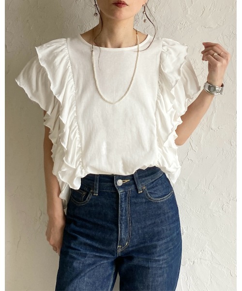 She's Closet(シーズクローゼット)の「綿100% ボリュームフリル ラッフルスリーブ 半袖Tシャツ(Tシャツ/カットソー・レディース・ホワイト/ブラック・FREE)」の6枚目の写真