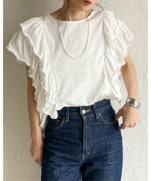 She's Closet(シーズクローゼット)の「綿100% ボリュームフリル ラッフルスリーブ 半袖Tシャツ(Tシャツ/カットソー・レディース・ホワイト/ブラック・FREE)」の5枚目の写真