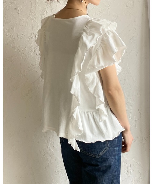 She's Closet(シーズクローゼット)の「綿100% ボリュームフリル ラッフルスリーブ 半袖Tシャツ(Tシャツ/カットソー・レディース・ホワイト/ブラック・FREE)」の4枚目の写真