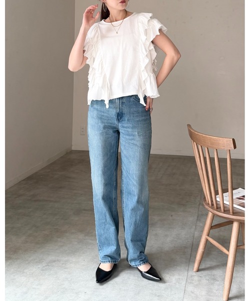 She's Closet(シーズクローゼット)の「綿100% ボリュームフリル ラッフルスリーブ 半袖Tシャツ(Tシャツ/カットソー・レディース・ホワイト/ブラック・FREE)」の3枚目の写真