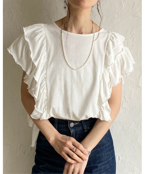 She's Closet(シーズクローゼット)の「綿100% ボリュームフリル ラッフルスリーブ 半袖Tシャツ(Tシャツ/カットソー・レディース・ホワイト/ブラック・FREE)」の22枚目の写真
