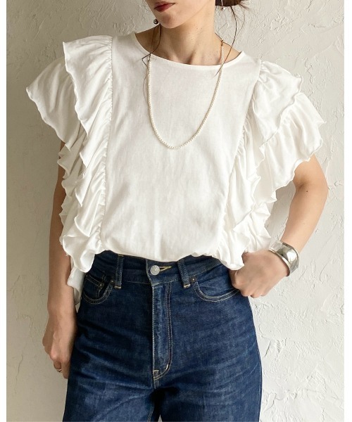 She's Closet(シーズクローゼット)の「綿100% ボリュームフリル ラッフルスリーブ 半袖Tシャツ(Tシャツ/カットソー・レディース・ホワイト/ブラック・FREE)」の21枚目の写真
