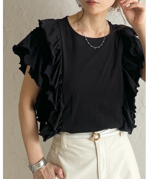She's Closet(シーズクローゼット)の「綿100% ボリュームフリル ラッフルスリーブ 半袖Tシャツ(Tシャツ/カットソー・レディース・ホワイト/ブラック・FREE)」の20枚目の写真