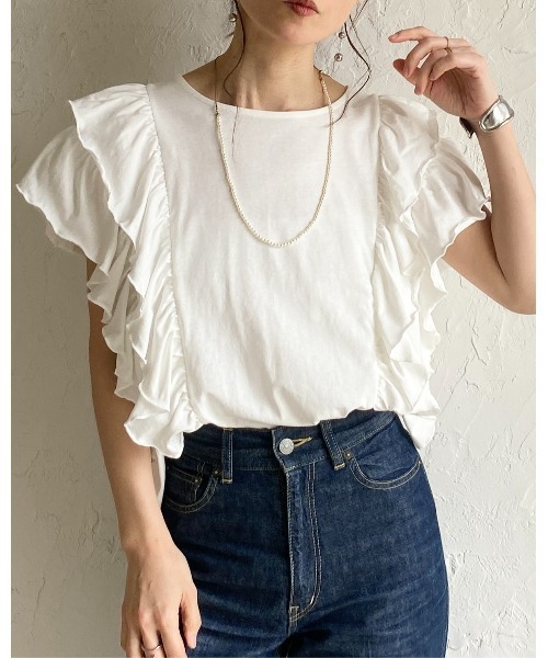 She's Closet(シーズクローゼット)の「綿100% ボリュームフリル ラッフルスリーブ 半袖Tシャツ(Tシャツ/カットソー・レディース・ホワイト/ブラック・FREE)」の19枚目の写真