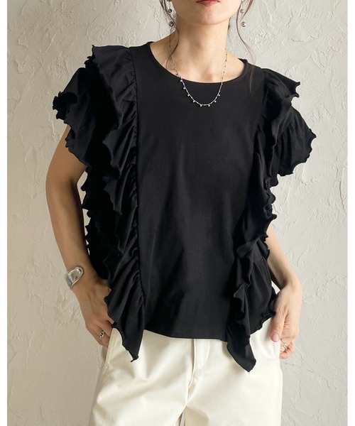 She's Closet(シーズクローゼット)の「綿100% ボリュームフリル ラッフルスリーブ 半袖Tシャツ(Tシャツ/カットソー・レディース・ホワイト/ブラック・FREE)」の18枚目の写真