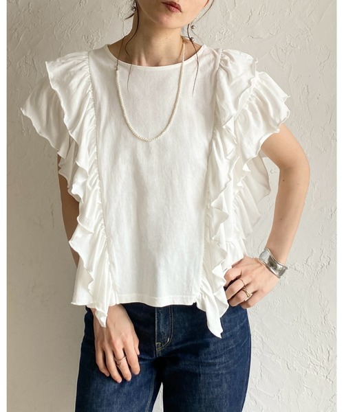 She's Closet(シーズクローゼット)の「綿100% ボリュームフリル ラッフルスリーブ 半袖Tシャツ(Tシャツ/カットソー・レディース・ホワイト/ブラック・FREE)」の17枚目の写真