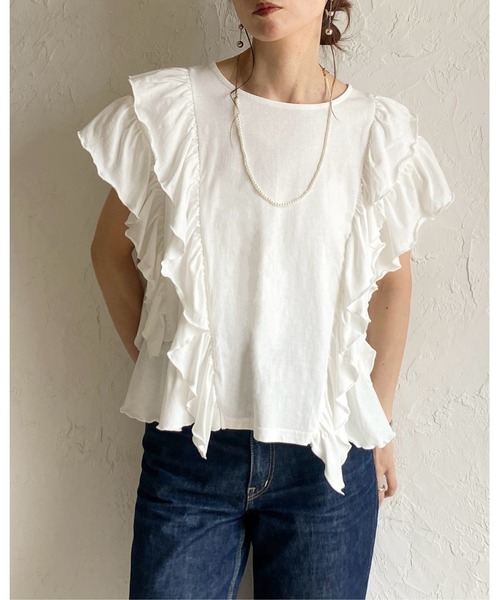 She's Closet(シーズクローゼット)の「綿100% ボリュームフリル ラッフルスリーブ 半袖Tシャツ(Tシャツ/カットソー・レディース・ホワイト/ブラック・FREE)」の16枚目の写真