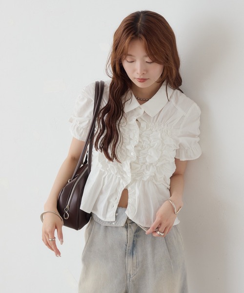 mystic(ミスティック)の「《@___s_m17 セレクト/IVO》【WEB限定NVY/新色PNK】 シャーリングシェイプシャツ(シャツ/ブラウス・レディース・ブラック/オフホワイト/アイボリー/ブルー/ネイビー/ピンク・FREE)」の9枚目の写真