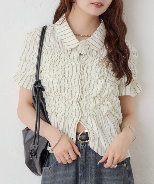 mystic(ミスティック)の「《@___s_m17 セレクト/IVO》【WEB限定NVY/新色PNK】 シャーリングシェイプシャツ(シャツ/ブラウス・レディース・ブラック/オフホワイト/アイボリー/ブルー/ネイビー/ピンク・FREE)」の17枚目の写真