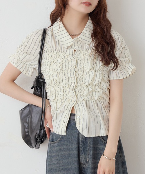 mystic(ミスティック)の「《@___s_m17 セレクト/IVO》【WEB限定NVY/新色PNK】 シャーリングシェイプシャツ(シャツ/ブラウス・レディース・ブラック/オフホワイト/アイボリー/ブルー/ネイビー/ピンク・FREE)」の14枚目の写真