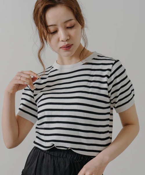 merrylatte(メリーラテ)の「ボーダークルーネックTシャツ【IROHANI】(Tシャツ/カットソー・レディース・ホワイト/ブラック・FREE)」の2枚目の写真
