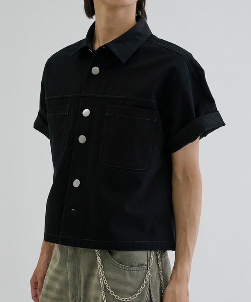 EPNK(イーピーエヌケー)の「Double button short sleeve shirts / ダブルボタンショートスリーブシャツ(シャツ/ブラウス・メンズ・ブラック/チャコールグレー・SMALL/MEDIUM/LARGE)」の4枚目の写真