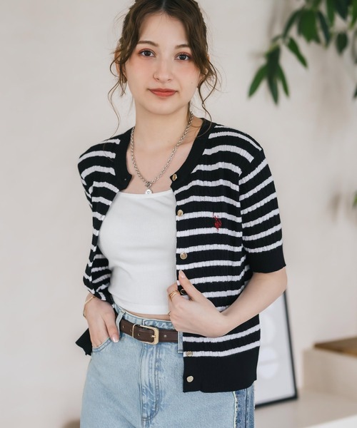 LOUNIE ボーダー 半袖 ニット カーディガン オフ×ブラック U.S. POLO ASSN. ユーエスポロアッスン W's ワンポイントロゴ刺繍